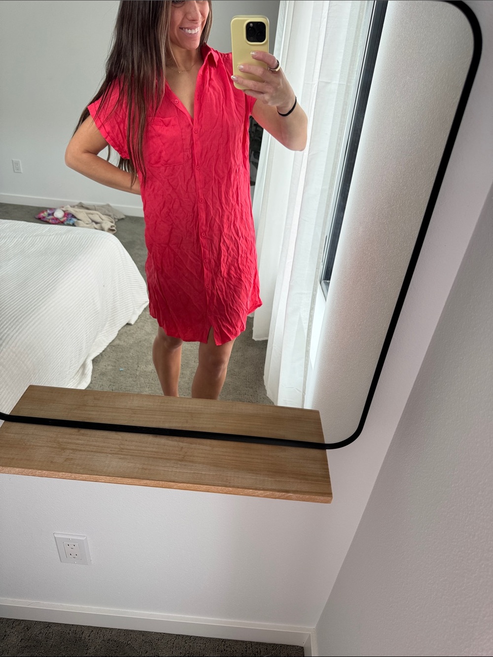 Bright Pink/red Button-Front Shirt Dress